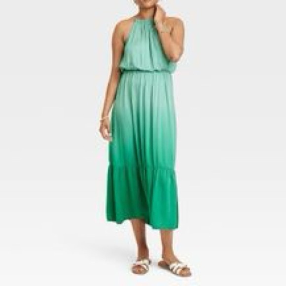 Knox Rose Green Ombré Tiered Midi Dress A-Line Halter Tie Back Women's size XXL - Picture 1 of 16